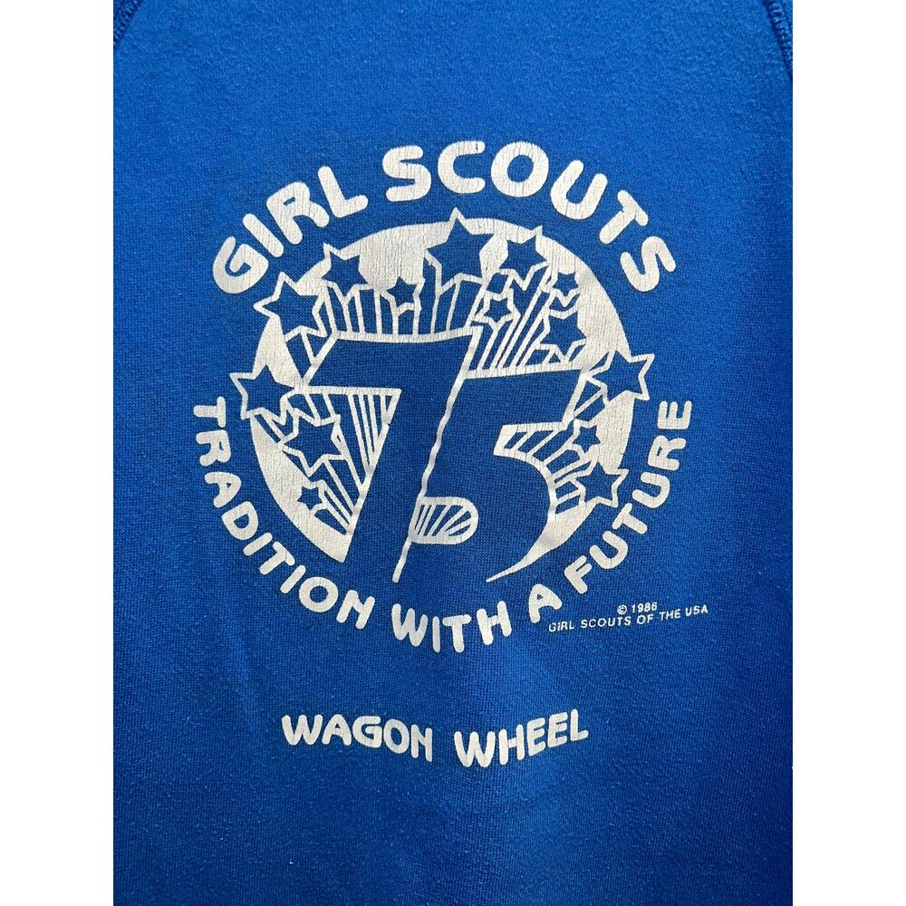 Vintage Girl Scouts Sweatshirt 75 Tradition Wagon Wheel USA Blue Crewneck 80s S - Picture 2 of 9